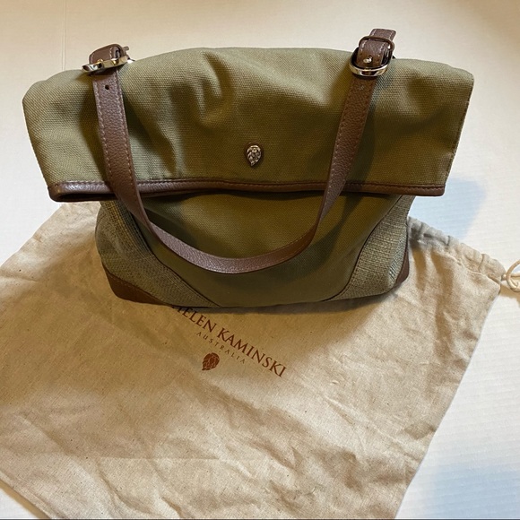 Helen Kaminski  women’s green canvas raffia and leather trimmed fold over purse - Picture 9 of 16